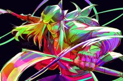 1boy axl_low bandana black_background colorful commentary cowboy_shot cropped_jacket english_commentary fighting_stance foreshortening glaring guilty_gear guilty_gear_strive holding_sickle jacket kama_(weapon) kusarigama long_hair looking_at_viewer maddestmao open_clothes open_jacket open_mouth sickle simple_background smirk solo standing twitter_username weapon