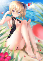 Rule 34 | 1girl, armpits, bad id, bad pixiv id, bare arms, bare legs, bare shoulders, barefoot, beach, black one-piece swimsuit, blonde hair, blue eyes, blurry, blurry foreground, blush, breasts, casual one-piece swimsuit, cellphone, cleavage, commentary request, day, depth of field, feet, full body, hair between eyes, hayasaka ai, highres, holding, holding phone, kaguya-sama wa kokurasetai ~tensai-tachi no renai zunousen~, light rays, medium breasts, nail polish, ocean, on ground, one-piece swimsuit, outdoors, parted lips, petals, phone, short hair, side ponytail, smartphone, smile, solo, sunbeam, sunlight, swimsuit, toenail polish, toenails, water, yk (pixiv43531291)