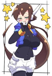 Rule 34 | 1girl, absurdres, aile (mega man zx), black bodysuit, blush, blush stickers, bodysuit, breasts, brown hair, buzzlyears, cropped jacket, female focus, green eyes, heart, highres, jacket, large breasts, long hair, mega man (series), mega man zx, mega man zx advent, navel, open clothes, open jacket, ponytail, pout, robot ears, shorts, star (symbol), tagme