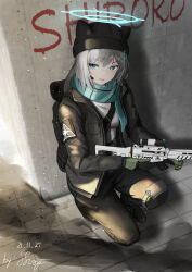 Rule 34 | 1girl, absurdres, alternate costume, animal ears, assault rifle, black jacket, blue archive, blue eyes, blue scarf, character name, commentary request, cross hair ornament, dated, finger on trigger, graffiti, grey hair, gun, hair between eyes, hair ornament, halo, hat, headset, highres, holding, holding gun, holding weapon, jacket, knee pads, kneeling, long sleeves, looking away, medium hair, mismatched pupils, open clothes, open jacket, rifle, scarf, shiroko (blue archive), shoulder belt, sidelocks, sig sauer 556, solo, supersugar, tactical clothes, taking cover, weapon, wolf ears, wolf girl