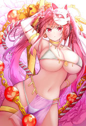 Rule 34 | 1girl, absurdres, amazaki ria, arm up, armlet, armpits, bangle, bare shoulders, bell, bikini, bracelet, breasts, cleavage, cowboy shot, dancer, earrings, fox mask, hata no kokoro, heart, heart-shaped pupils, highres, jewelry, jingle bell, large breasts, long hair, looking at viewer, mask, navel, pink eyes, pink hair, revision, rope, see-through, solo, string bikini, swimsuit, symbol-shaped pupils, touhou, twintails, underboob, very long hair, white background, white bikini