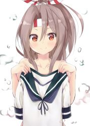 Rule 34 | 10s, 1girl, absurdres, amano kouki, blush, bow, brown eyes, brown hair, bubble, closed mouth, clothes in front, commentary request, hair between eyes, hair bow, headband, highres, holding, holding clothes, kantai collection, long hair, looking at viewer, nude, school uniform, serafuku, shirt, smile, solo, striped, striped bow, uppercut, white background, white shirt, zuihou (kancolle)