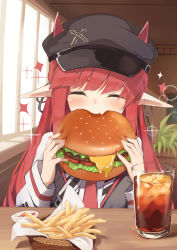 Rule 34 | 1girl, ^ ^, absurdres, arknights, black hat, blush, burger, cabbie hat, closed eyes, commentary request, cup, drink, drinking glass, eating, eyebrows hidden by hair, facing viewer, fang, fast food, food, french fries, grey vest, hair ornament, hairclip, hands up, hat, highres, holding, holding food, horns, horns through headwear, ice, ice cube, indoors, kashiyarrm, long hair, nail polish, necktie, pointy ears, red hair, red nails, red necktie, shirt, skin fang, solo, sparkle, table, upper body, very long hair, vest, vigna (arknights), white shirt, window