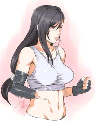 Rule 34 | 1girl, bare shoulders, black gloves, black hair, breasts, brown eyes, clenched hands, elbow gloves, final fantasy, final fantasy vii, fingerless gloves, from side, gloves, hair between eyes, highres, large breasts, long hair, low-tied long hair, midriff, parted lips, shirt, skirt, square enix, suspender skirt, suspenders, tank top, taut clothes, taut shirt, tifa lockhart, upper body, white tank top, yosiura