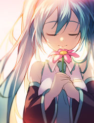 Rule 34 | 1girl, aqua hair, backlighting, detached sleeves, closed eyes, flower, hatsune miku, holding, holding flower, kawaii2penguin, long hair, necktie, smile, solo, twintails, upper body, vocaloid