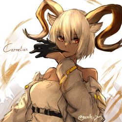 Rule 34 | 1girl, animal ears, arknights, bare shoulders, black gloves, breasts, carnelian (arknights), character name, dark-skinned female, dark skin, gazelle jun, glove pull, gloves, goat ears, goat girl, goat horns, hair between eyes, hand up, highres, horns, jacket, looking at viewer, mouth pull, off shoulder, open clothes, open jacket, shirt, short hair, simple background, small breasts, solo, strapless, strapless shirt, twitter username, upper body, white background, white hair, white jacket, white shirt