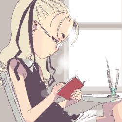 Rule 34 | blonde hair, book, cup, drinking glass, forehead, from side, glasses, hijiri rei, lowres, oekaki, open book, reading, skirt, twintails