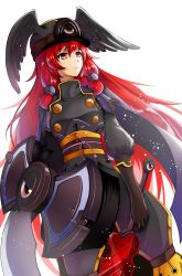 Rule 34 | 1girl, black feathers, black gloves, blazblue, blue eyes, feathers, gloves, hair ribbon, hat, highres, lmf13007102, long hair, looking to the side, military, military uniform, obi, red hair, ribbon, sash, solo, tress ribbon, tsubaki yayoi, uniform, very long hair, winged hat