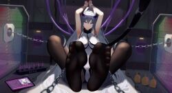 1girl absurdres armpit_crease armpits arms_up azur_lane bare_arms bdsm black_thighhighs bondage bound bound_arms bound_legs bound_wrists chain demon_horns feet full_body highres horns kearsarge_(azur_lane) long_hair long_legs looking_at_viewer purple_eyes restrained soles thighhighs user_cfcv2728 white_hair