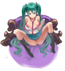 Rule 34 | 1girl, anus, aqua eyes, aqua hair, bad id, bad pixiv id, blush, breasts, hatsune miku, heart, highres, long hair, looking at viewer, necktie, necolab, nipples, no panties, open clothes, sex toy, sitting, skirt, smile, socks, solo, spread legs, twintails, very long hair, vibrator, vocaloid