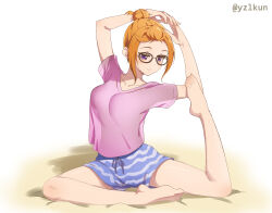 Rule 34 | 1girl, absurdres, arms up, bare legs, barefoot, blue shorts, breasts, closed mouth, drawstring, flexible, forehead, full body, glasses, hair bun, highres, looking down, love live!, love live! superstar!!, medium breasts, orange hair, pigeon pose, pink shirt, purple eyes, shibuya kanon, shirt, short shorts, shorts, sleepwear, solo, stretching, t-shirt, thighs, toes, yzlkun