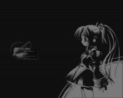 Rule 34 | 1girl, artist request, black background, black theme, dress, greyscale, high contrast, monochrome, ponytail, robot ears, solo, wallpaper