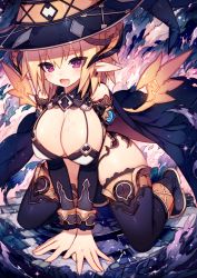Rule 34 | 1girl, all fours, black thighhighs, blonde hair, breasts, cape, cleavage, demon horns, female focus, hat, highres, horns, large breasts, looking at viewer, mamuru, original, pointy ears, raised eyebrows, revealing clothes, saliva, saliva trail, short hair, solo, thighhighs, thighs, v arms, wings, witch hat