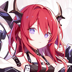 Rule 34 | 1girl, arknights, armband, bare shoulders, chinese commentary, commentary request, detached collar, hair between eyes, horns, long hair, looking at viewer, purple eyes, quan (kurisu tina), red hair, solo, surtr (arknights), upper body, zoom layer