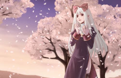 Rule 34 | 1girl, :d, black dress, black thighhighs, bow, cherry blossoms, commentary request, cowboy shot, cross, cross necklace, dress, gradient sky, hair bow, jewelry, juliet sleeves, long hair, long sleeves, looking afar, necklace, nyaou, open mouth, outdoors, priest (ragnarok online), puffy sleeves, ragnarok online, red bow, sky, smile, solo, thighhighs, tree, white hair