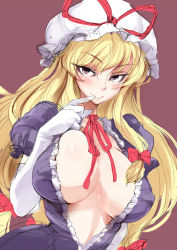 Rule 34 | 1girl, ario, blonde hair, blush, breasts, brown background, center opening, choker, cleavage, covered erect nipples, curvy, elbow gloves, female focus, finger to mouth, gloves, hat, large breasts, long hair, looking at viewer, naughty face, no bra, purple eyes, simple background, sketch, smile, solo, touhou, upper body, very long hair, white gloves, yakumo yukari