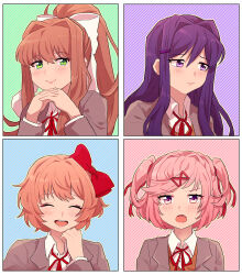 Rule 34 | 4girls, :d, ^ ^, averting eyes, blue background, blush, border, bow, brown hair, brown vest, chiimako, closed eyes, closed mouth, collared shirt, commentary request, diagonal stripes, doki doki literature club, dress shirt, eyelashes, fang, green background, green eyes, grey jacket, hair between eyes, hair bow, hair intakes, hair ornament, hair ribbon, hairclip, hand up, hands up, high ponytail, interlocked fingers, jacket, lapels, long hair, long sleeves, looking at viewer, monika (doki doki literature club), multiple girls, natsuki (doki doki literature club), neck ribbon, open mouth, own hands together, pink background, pink eyes, pink hair, ponytail, purple background, purple eyes, purple hair, raised eyebrows, red bow, red ribbon, ribbon, sayori (doki doki literature club), school uniform, shirt, short hair, sidelocks, sideways glance, simple background, smile, striped, striped background, sweater vest, swept bangs, teeth, two side up, upper body, upper teeth only, v-shaped eyebrows, vest, white border, white bow, white shirt, wing collar, x hair ornament, yuri (doki doki literature club)
