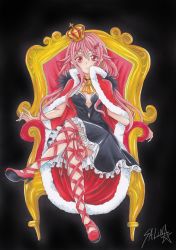 Rule 34 | 10s, 1girl, breasts, cleavage, crown, guilty crown, hair ornament, hairclip, highres, jewelry, crossed legs, long hair, marker (medium), pink hair, queen, red eyes, ruchi a, sarina (tosiyukiryousuke), signature, sitting, solo, throne, traditional media, twintails, yuzuriha inori