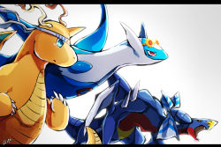 Rule 34 | artist request, claws, creatures (company), dragon, dragon wings, dragonite, game freak, garchomp, gen 1 pokemon, gen 3 pokemon, gen 4 pokemon, latios, legendary pokemon, looking to the side, multiple boys, nintendo, no humans, open mouth, pokemon, pokemon (creature), sharp teeth, simple background, teeth, wings