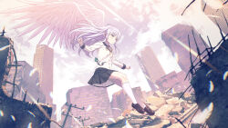 Rule 34 | 1girl, angel, angel beats!, angel wings, black skirt, blurry, blurry foreground, brown footwear, building, buttons, cloud, cloudy sky, day, dutch angle, falling, falling feathers, feathers, full body, heaven burns red, highres, koh rd, light blush, loafers, long hair, long sleeves, looking down, neck ribbon, official art, open mouth, outdoors, outstretched arms, pleated skirt, ribbon, ruins, school uniform, shirt, shoes, sidelocks, skirt, sky, skyscraper, socks, solo, teeth, tenshi (angel beats!), white hair, white shirt, white sky, white socks, white wings, wings, yellow eyes, yellow ribbon