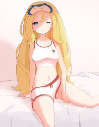 Rule 34 | &#039; nadja, 1girl, absurdres, arm support, bad id, bad pixiv id, bare arms, bed sheet, blonde hair, blue eyes, breasts, closed mouth, commentary request, creatures (company), eyelashes, game freak, gen 1 pokemon, hair down, hand on own thigh, highres, korrina (pokemon), long hair, looking at viewer, medium breasts, navel, nintendo, one eye closed, pokemon, pokemon (creature), pokemon xy, shorts, side slit, side slit shorts, sitting, snorlax, solo