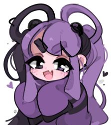 Rule 34 | 1girl, :d, chey, fang, hair rings, heart, highres, long hair, long sleeves, looking at viewer, open mouth, original, poi (chey), purple eyes, purple hair, purple theme, skin fang, sleeves past fingers, sleeves past wrists, smile, solo, white background