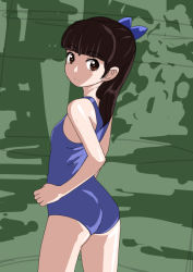 Rule 34 | 1girl, arms at sides, ass, bad id, bad pixiv id, blue bow, blue one-piece swimsuit, blue school swimsuit, bow, brown eyes, brown hair, clenched hand, cowboy shot, female focus, flat chest, from behind, frown, green background, hair bow, hair ornament, looking back, one-piece swimsuit, original, rohitsuka, school swimsuit, solo, standing, swimsuit
