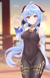 Rule 34 | 1girl, absurdres, ahoge, armpit crease, bare shoulders, bell, black gloves, blue hair, blurry, breasts, brown leotard, brown pantyhose, covered navel, cowbell, cowboy shot, depth of field, detached collar, detached sleeves, ganyu (genshin impact), genshin impact, gloves, goat horns, groin, hand up, highres, horns, leotard, long hair, long sleeves, looking at viewer, low ponytail, medium breasts, outdoors, pantyhose, pink eyes, radral, smile, solo, standing, very long hair