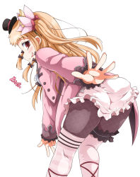 Rule 34 | 1girl, ass, black bow, black hat, black pantyhose, blonde hair, blush, bow, bridal garter, buttons, closed mouth, fishnet pantyhose, fishnets, flower, flower knight girl, from behind, hair bow, hair flower, hair ornament, hat, heart, highres, jacket, larkspur (flower knight girl), long sleeves, looking at viewer, looking back, mini hat, mini top hat, miniskirt, multiple hair bows, one side up, pantyhose, pink flower, pink jacket, red eyes, sideways mouth, simple background, skirt, smile, solo, straight hair, sugiura, tongue, tongue out, top hat, white background, white skirt
