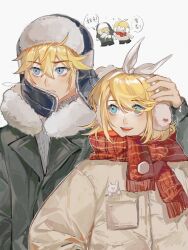 Rule 34 | 1boy, 1girl, alternate costume, blonde hair, blue eyes, bow, coat, commentary, earmuffs, fur hat, hair between eyes, hair bow, hand on another&#039;s head, hat, highres, kagamine len, kagamine rin, light blush, open mouth, parted lips, red scarf, scarf, short hair, siblings, simple background, sparklu, teeth, twins, upper body, upper teeth only, ushanka, vocaloid, white bow, winter clothes, winter coat