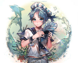 Rule 34 | 1boy, beamed quavers, belt, blue eyes, blue hair, blush, bubble, cookie run, denim, dolphin, kawacy, male focus, matching hair/eyes, musical note, paper boat sailor, peppermint cookie, quaver, sailor, short sleeves, solo, underwater