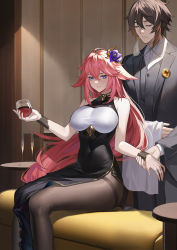 Rule 34 | 1boy, 1girl, absurdres, alcohol, bare shoulders, black hair, black pantyhose, breasts, closed eyes, collared shirt, couch, cup, drinking glass, earrings, eyeliner, flower, formal, genshin impact, glint, gradient hair, hair between eyes, hair flower, hair ornament, hand on another&#039;s hand, highres, holding, holding cup, indoors, jacket, jewelry, large breasts, lips, long hair, long sleeves, looking at viewer, makeup, multicolored hair, pantyhose, pink hair, purple eyes, purple flower, ring, shirt, sidelocks, single earring, sitting, smile, suit, tassel, tassel earrings, teeth, thighband pantyhose, very long hair, vest, wine, wine glass, yae miko, yin lan xue, zhongli (genshin impact)