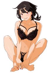 Rule 34 | 1girl, absurdres, alternate breast size, alternate costume, barefoot, black bra, black hair, black panties, blush, bow, bow panties, bra, breasts, collarbone, commentary request, creatures (company), full body, game freak, highres, large breasts, legs, long hair, nail polish, navel, nintendo, osg pk, panties, parted lips, pokemon, pokemon oras, red eyes, red nails, simple background, smile, solo, toenail polish, toenails, toes, underwear, white background, zinnia (pokemon)