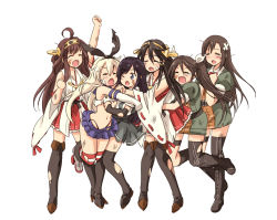 Rule 34 | 10s, 6+girls, :o, ;o, ^ ^, ankle boots, arm up, asashio (kancolle), bandaid, black footwear, black hair, black legwear, black panties, blonde hair, blue eyes, blush, boots, brown hair, bruise, cheek-to-cheek, chikuma (kancolle), clenched hands, closed eyes, cross-laced footwear, dirty, elbow gloves, frilled skirt, frills, gloves, grey footwear, group hug, hairband, haruna (kancolle), heads together, hug, injury, kantai collection, knee boots, kongou (kancolle), lace-up boots, long hair, multiple girls, onaya masakazu, one eye closed, open mouth, panties, personification, ribbon-trimmed sleeves, ribbon trim, school uniform, shimakaze (kancolle), simple background, skirt, smile, striped clothes, striped legwear, striped thighhighs, tears, thigh boots, thighhighs, tone (kancolle), torn clothes, torn legwear, underwear, white background, wince, wink