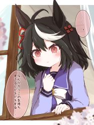 Rule 34 | ..., 1girl, ahoge, animal ears, black hair, blue shirt, blurry, blurry foreground, blush, bow, breasts, brown eyes, closed mouth, commentary request, curtains, depth of field, flower, hair between eyes, hair ribbon, hand up, highres, horse ears, kitasan black (umamusume), long sleeves, multicolored hair, open window, puffy long sleeves, puffy sleeves, red ribbon, ribbon, ridy (ri sui), school uniform, shirt, small breasts, solo, spoken ellipsis, streaked hair, tracen school uniform, translation request, two side up, umamusume, white bow, white flower, white hair, window