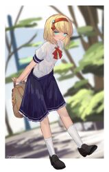 Rule 34 | 1girl, alice margatroid, alternate costume, artist name, backpack, bag, black footwear, blonde hair, blue eyes, blue skirt, blurry, blurry background, clynxen, commentary, english commentary, full body, hairband, highres, holding, holding bag, leaning forward, loafers, looking at viewer, medium hair, neck ribbon, open mouth, red hairband, red ribbon, ribbon, school uniform, shirt, shoes, short sleeves, skirt, smile, socks, solo, touhou, white shirt, white socks