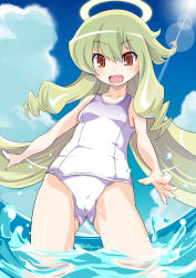 Rule 34 | 1girl, :d, angelia avallone, arcana heart, blonde hair, cameltoe, cloud, day, halo, highres, long hair, ocean, one-piece swimsuit, open mouth, orange eyes, outdoors, partially submerged, school swimsuit, sky, smile, solo, swimsuit, takashi moritaka, wading, water, white school swimsuit, white one-piece swimsuit
