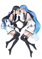 Rule 34 | 10s, 2girls, bad id, bad pixiv id, blue eyes, blue hair, elbow gloves, eye contact, gloves, green eyes, holding hands, kantai collection, long hair, looking at another, low twintails, multiple girls, onsen nakaya, personification, pleated skirt, samidare (kancolle), school uniform, serafuku, skirt, smile, suzukaze (kancolle), thighhighs, twintails, very long hair