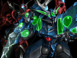 Rule 34 | banpresto, black background, blue eyes, cowboy shot, electricity, energy, glowing, horns, looking at viewer, mecha, no humans, persoenlichkeit, red eyes, robot, simple background, soulgain, standing, super robot wars, super robot wars original generation, tro