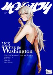 Rule 34 | 1girl, ahoge, alternate costume, back, backless dress, backless outfit, barcode, bare shoulders, blue background, blue dress, breasts, character name, closed mouth, cover, dress, earrings, fake magazine cover, grey eyes, grey hair, hair between eyes, highres, jewelry, kantai collection, long hair, looking at viewer, magazine cover, nidou, simple background, solo, strapless, strapless dress, very long hair, washington (kancolle)