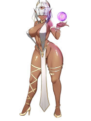 Rule 34 | 1girl, areola slip, blunt bangs, breasts, cleavage, dark-skinned female, dark skin, floating, floating object, full body, hair over eyes, high heels, holding, jewelry, large breasts, light areolae, lipgloss, navel, neck ring, nymphomania priestess, open mouth, original, pointy ears, revealing clothes, short hair, silver hair, simple background, slingshot swimsuit, smile, solo, swimsuit, techno brake, thighs, white background, wide hips