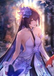 Rule 34 | 1girl, 1other, asymmetrical gloves, bare shoulders, blue eyes, blue flower, blurry, blurry background, breasts, brown hair, commentary, depth of field, dress, elbow gloves, english commentary, eulyin huan, flower, gloves, hair between eyes, hair flower, hair ornament, highres, holding hands, honkai (series), honkai impact 3rd, long hair, parted lips, seele vollerei, single elbow glove, small breasts, smile, solo focus, strapless, strapless dress, very long hair, white dress, white gloves