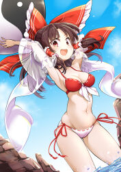 Rule 34 | 1girl, ball, beachball, bikini, blue sky, bow, breasts, brown hair, cleavage, commentary request, detached sleeves, futa (nabezoko), hair bow, hair tubes, hakurei reimu, looking at viewer, medium breasts, navel, open mouth, orb, outdoors, red bikini, red bow, red eyes, see-through, see-through sleeves, sidelocks, sky, solo, swimsuit, teeth, touhou, upper teeth only, wading, white bikini, yin yang, yin yang orb