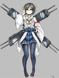 Rule 34 | 10s, 1girl, adjusting eyewear, bare shoulders, black hair, black pantyhose, blue eyes, blush, boots, breasts, cannon, detached sleeves, glasses, hairband, highres, japanese clothes, kantai collection, kirishima (kancolle), nontraditional miko, pantyhose, personification, short hair, sigama, skirt, smile, solo, thigh boots, thighhighs, turret