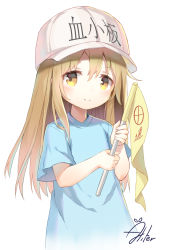 Rule 34 | 10s, 1girl, aliter, blue shirt, blush, brown eyes, character name, closed mouth, clothes writing, commentary request, flag, flat cap, grey hat, hat, hataraku saibou, highres, holding, holding flag, light brown hair, looking at viewer, platelet (hataraku saibou), shirt, short sleeves, signature, simple background, smile, solo, upper body, white background