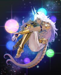 Rule 34 | 1boy, arjuna (fate), arjuna alter (fate), barefoot, blue eyes, fate/grand order, fate (series), highres, horns, hugging own legs, legs together, long hair, looking at viewer, male focus, muscular, orb, solo, syaofoo, tail, white hair