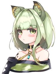 Rule 34 | 1girl, absurdres, animal ear fluff, animal ears, arknights, bare shoulders, black choker, blush, choker, collarbone, commentary request, cropped torso, dress, green dress, green eyes, green hair, hair intakes, highres, kal&#039;tsit (arknights), looking at viewer, material growth, off-shoulder dress, off shoulder, oripathy lesion (arknights), parkp, short hair, simple background, solo, upper body, white background