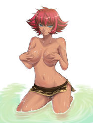 Rule 34 | 1girl, :3, alternate eye color, alternate hair color, amazon warrior, blue eyes, blush, breasts, collarbone, covering privates, covering breasts, dark-skinned female, dark skin, female focus, groin, kagami hirotaka, kneeling, large breasts, looking at viewer, marguerite (one piece), navel, one piece, red hair, short hair, solo, swimsuit, topless, water, wet