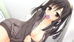 Rule 34 | 1girl, :&lt;, black hair, blush, breasts, brown eyes, cleavage, collarbone, condom wrapper, female focus, game cg, hood, hoodie, large breasts, long hair, looking at viewer, mouth hold, muririn, ponytail, sanoba witch, solo, togakushi touko, unzipping, zipper