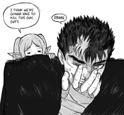 Rule 34 | 1boy, 1girl, = =, bandaged arm, bandages, basedlida, berserk, black hair, commentary, crossover, elf, english commentary, english text, evil smile, frieren, greyscale, guts (berserk), hand on another&#039;s shoulder, hand on own face, i think we&#039;re gonna have to kill this guy steven (meme), meme, monochrome, multicolored hair, one eye closed, parted bangs, pointy ears, scar, scar on face, short eyebrows, smile, sousou no frieren, speech bubble, sweatdrop, twintails, white hair